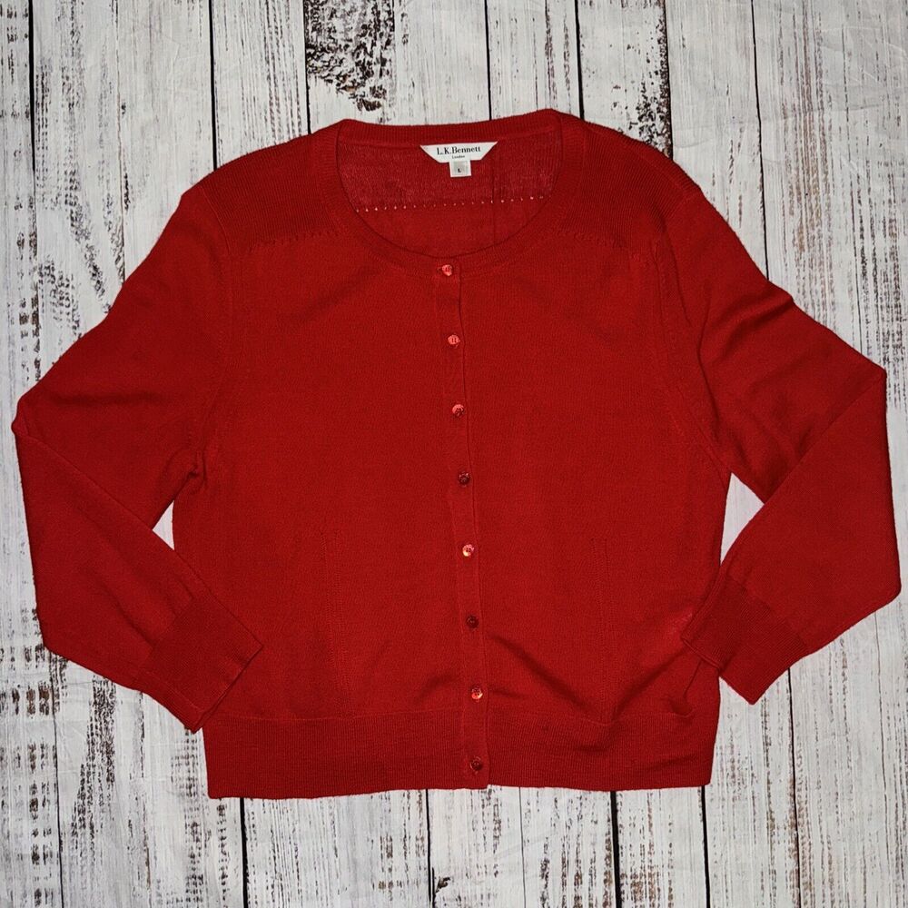 L.K. Bennett London Women’s Button Up Cardigan Red Size‎ L Merino Wool *FLAWS*